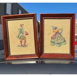 2 VTG Handmade Framed Cross Stitch Victorian Themed Wall Art Paper Back Flawed